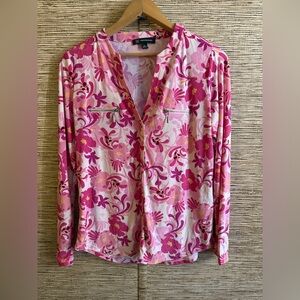 INC Macys Top Women Small Pink Floral Long Sleeve Zip Pocket V-Neck Henley NEW